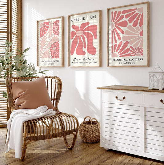 Samiredo Botanical Matisse Flower Prints Set of 3, Boho Pink Wall Art Decor