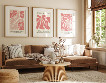 Samiredo Botanical Matisse Flower Prints Set of 3, Boho Pink Wall Art Decor
